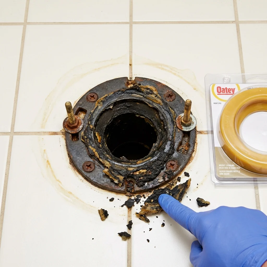 Failed wax ring showing water seepage at the base of a toilet in a Lincoln, AR home