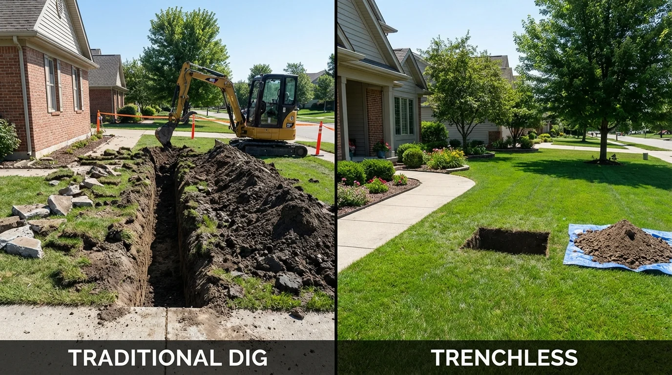 Trenchless sewer repair with minimal yard damage versus traditional excavation in Lincoln, AR
