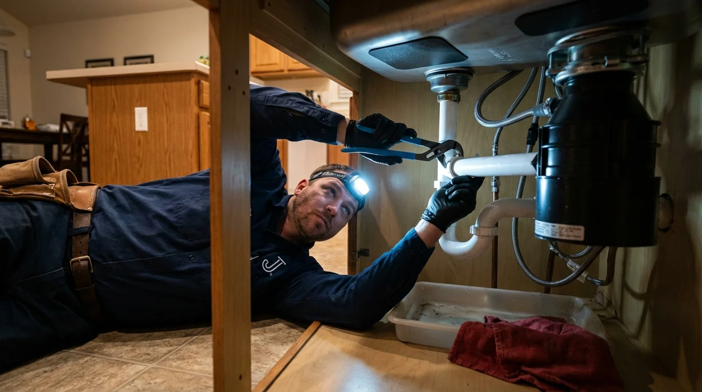 P-trap and supply line connections under a kitchen sink showing a common leak point in Lincoln, AR